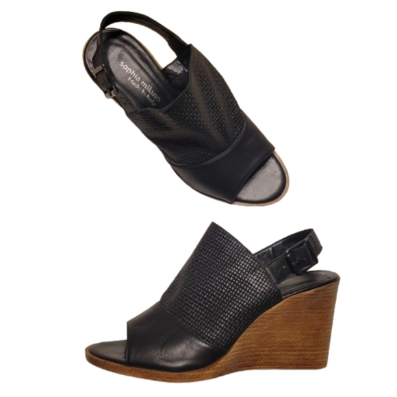 Sofia Milano Made in Italy black open toe wedges - Picture 1 of 12